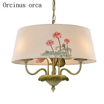 

New Chinese lotus chandelier teahouse living room dining room Japanese style round lotus fabric pendant lamp free shipping
