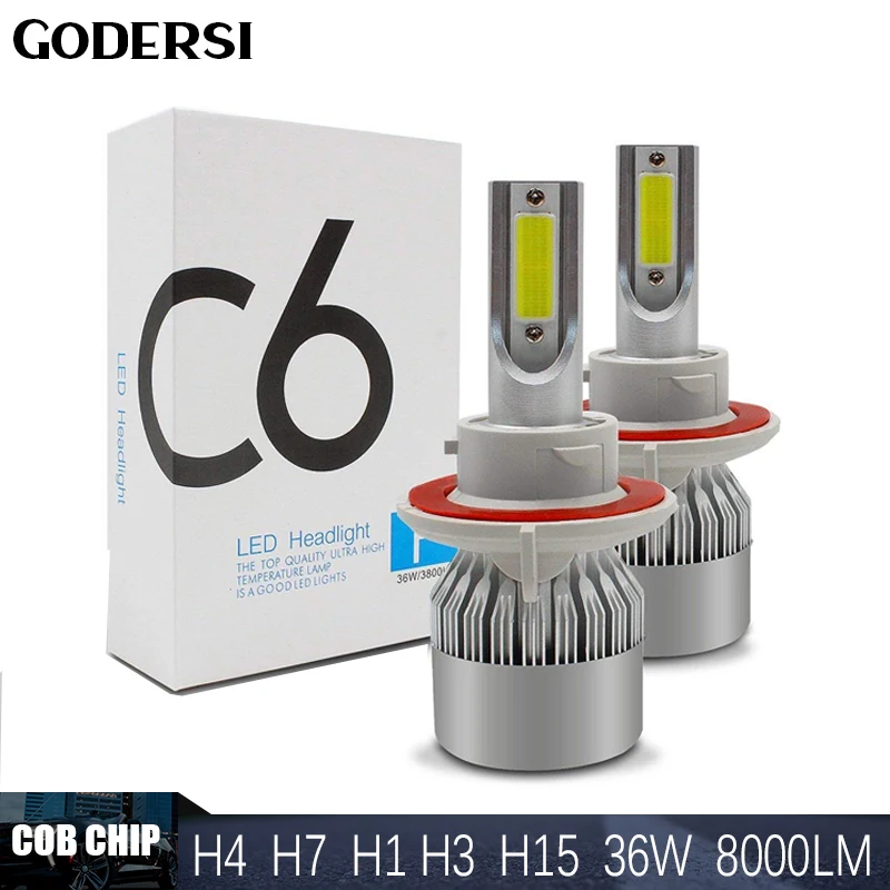 

H1 H7 H4 Car LED COB Chip Headlight Bulb Hi-Lo Beam 36W 8000LM 6500K C6 H11 9006 9007 Car LED Headlamp Fog Light Bulb DC 12V 36V