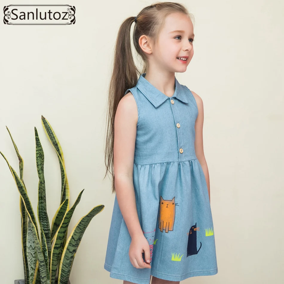 Sanlutoz/джинсовая летняя одежда для детей; хлопковые платья для девочек с рисунком кота; милая детская одежда; синие вечерние платья; брендовая одежда для маленьких принцесс