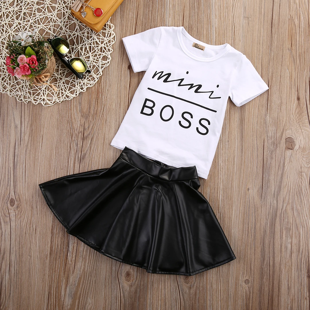 2 шт. футболка с коротким рукавом и кожаная юбка для девочек|child suit|leather skirt outfitkids