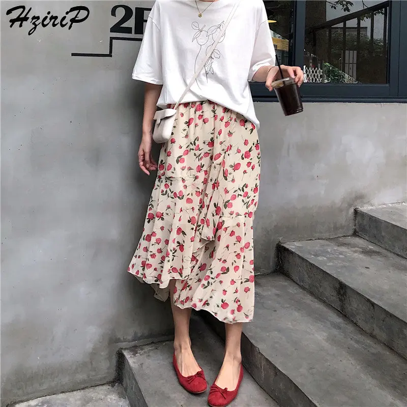 

Hzirip Hot New Summer Ruffles Women Vintage Elastic Waist Loose Sweet High Waist Casual All-Match A-Line Elegant Long Skirt