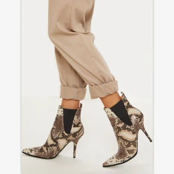 

New Women Boots Snake Print Slip-On Ankle Boots For Women Thin Heels Fashion Pointed toe Ladies Sexy Boots shoes botas mujer