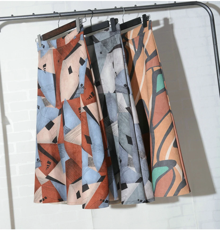 

Elegant Midi Geometric Print Long Suede Skirt Women Fashion 2018 Autumn Winter High Waist A-line Long Skirt Female