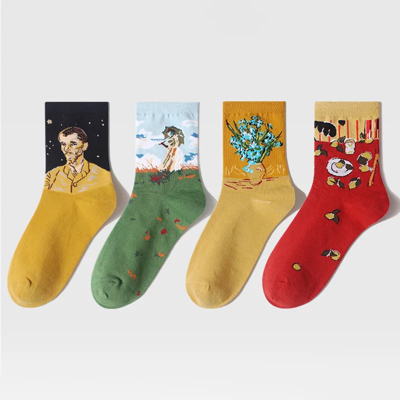 Модные забавные Женские носочки с художественной росписью, мужские хлопковые носки с круглым вырезом, повседневные спортивные носки Harajuku