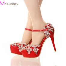 Red High Heels for Wedding with Rhinestone Lady Nightclub Formal Dress Shoes with Ankle Straps Platform Bridesmaid Shoes