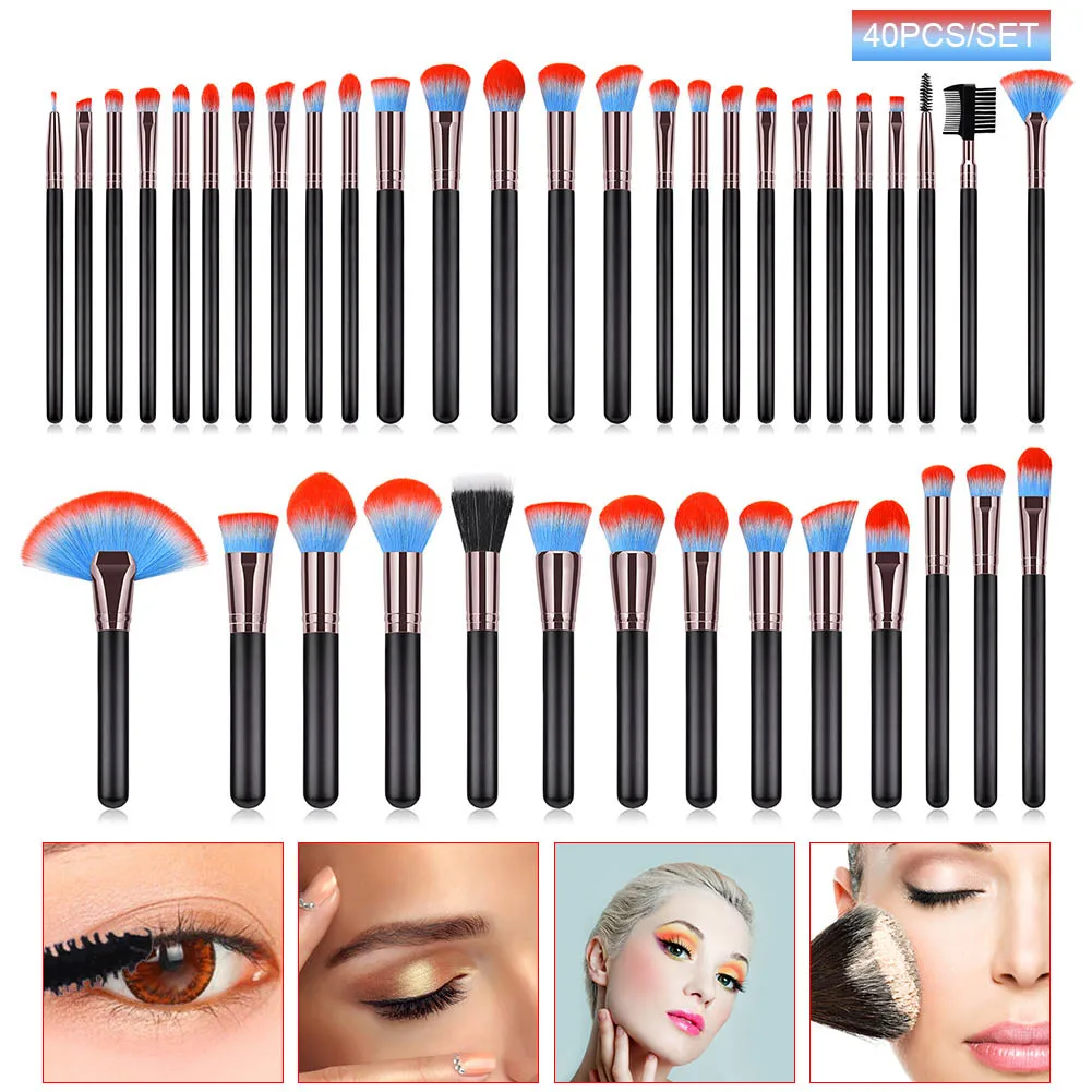

40 Pcs Professional Makeup Brush Kit Eye shadow Blush Brushes Makeup Set Women Fashion Red Blue Hair Makeup Brushes Set