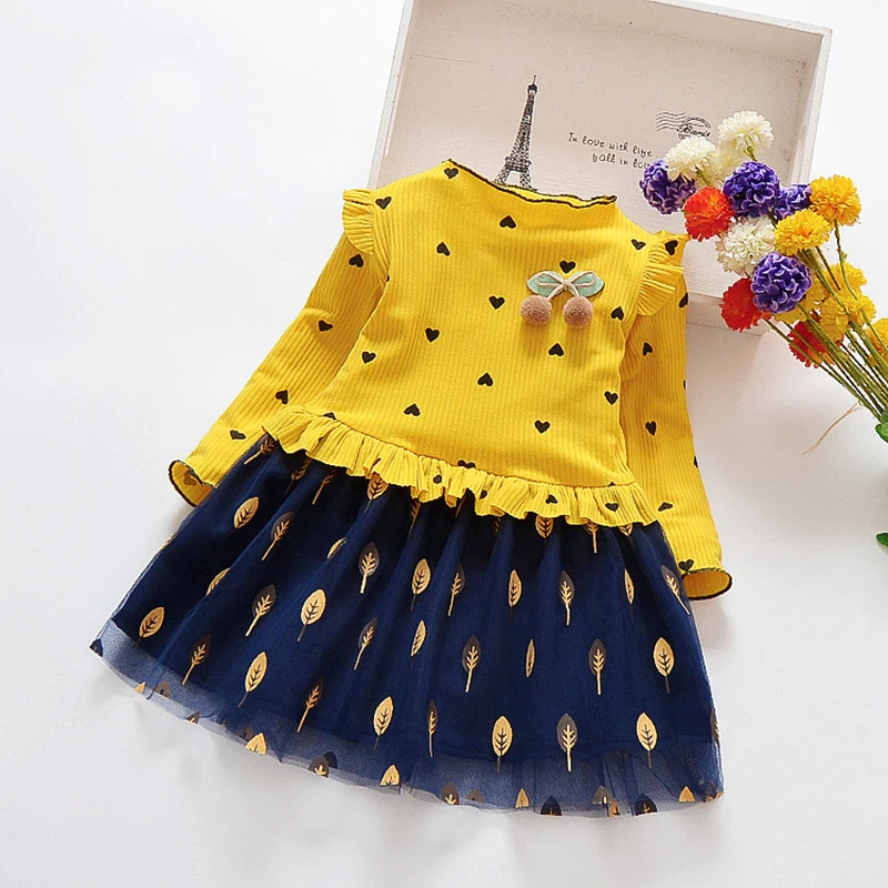 

Children Girls Long Sleeve Clothes Princess Sundress New Fashion Infant Kid Girl Dress Heart Leaves Casual Dresses One-Piece
