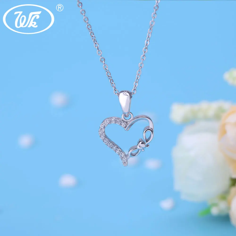

WK Genuine 925 Sterling Silver Charm Heart Necklace With Mini Bow Cute Lovely Heart Pendants Necklaces Women 18 Inch W5 NZ046