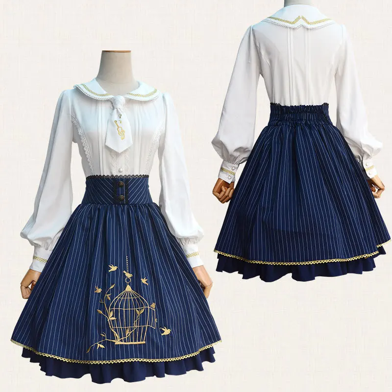 Wanita Burung Kandang Bordir Klasik Striped Lolita Sk Rok Elastis