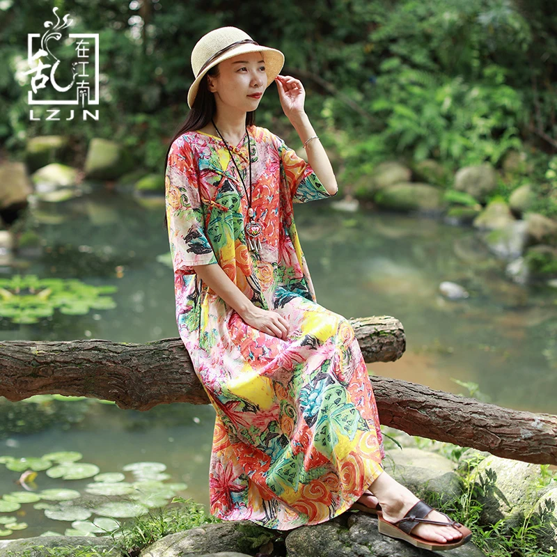 

LZJN Long Ethnic Dresses 2019 Summer Robe Femme Half Sleeve V-Neck Colorful Floral Print Chinese Maxi Shirt Dress for Women Mori