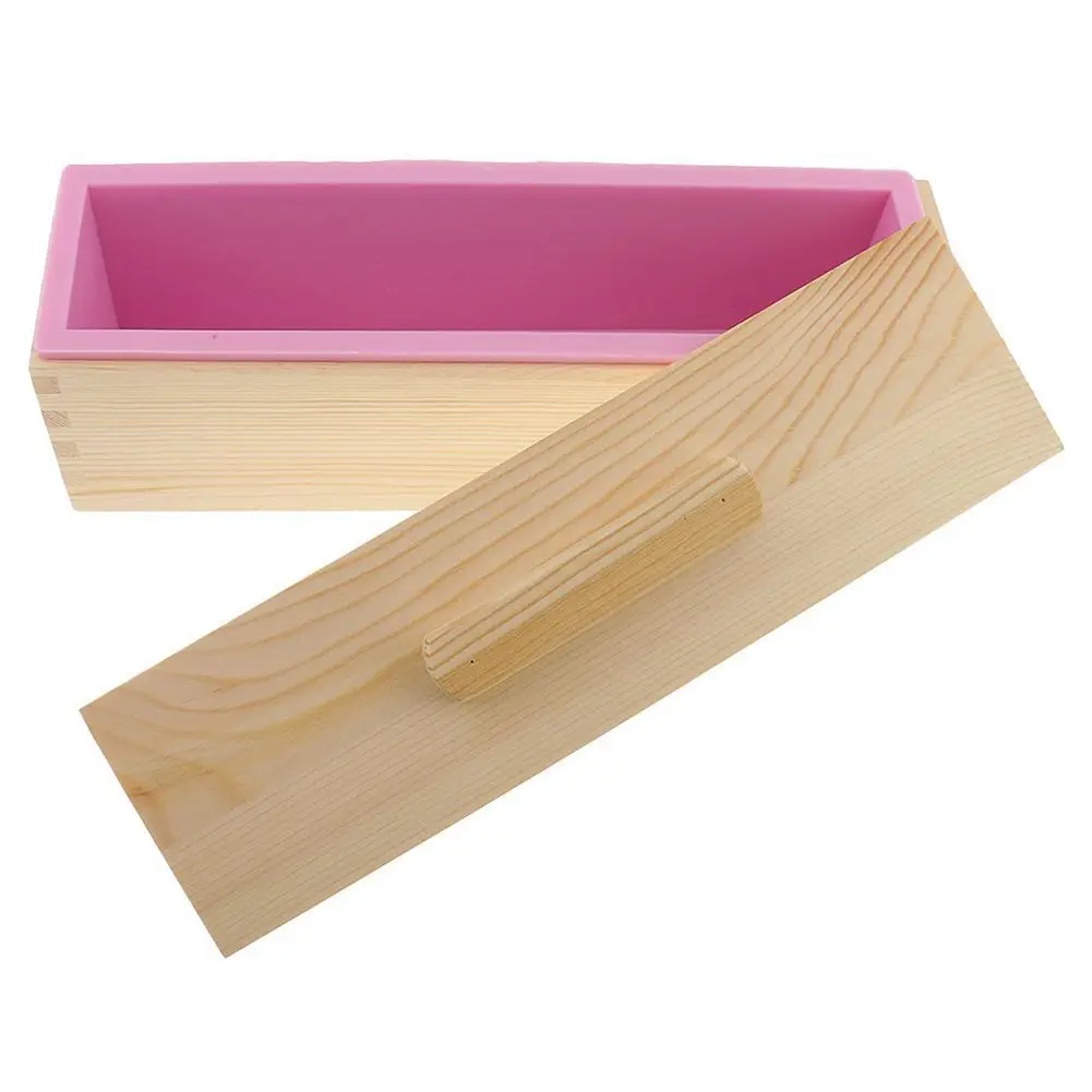DIY мыло ручной работы силиконовые формы-прямоугольное Мыло плесень с деревянной коробкой и деревянной крышкой-розовый+ дерево, 900 мл