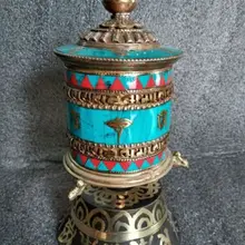 5.9 дюйм(ов)/разработать Старый тибетский позолоченной латуни инкрустированные с искусственным Бирюзовый вращающийся Писания № 2