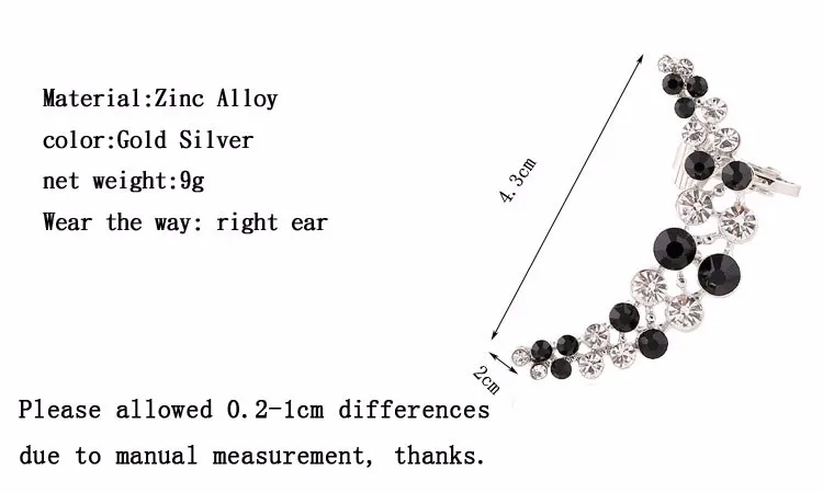 Модные левое правое ухо манжеты женские подарки черный белый кристалл бисером полые полумесяц зажим со стразами серьги