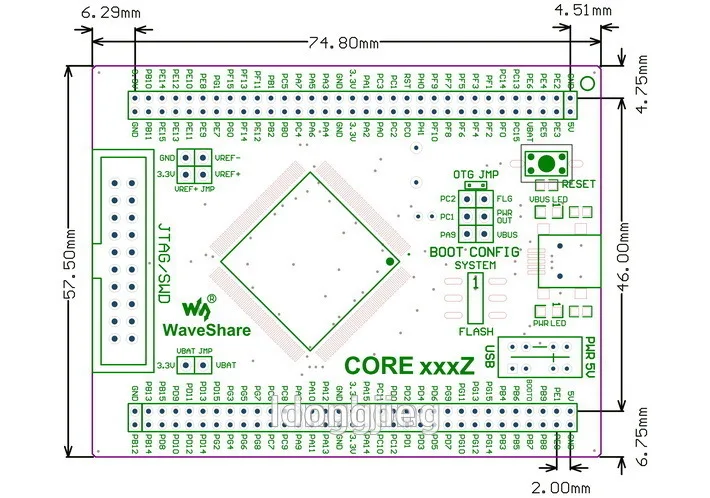 STM32 MCU core board dimensions