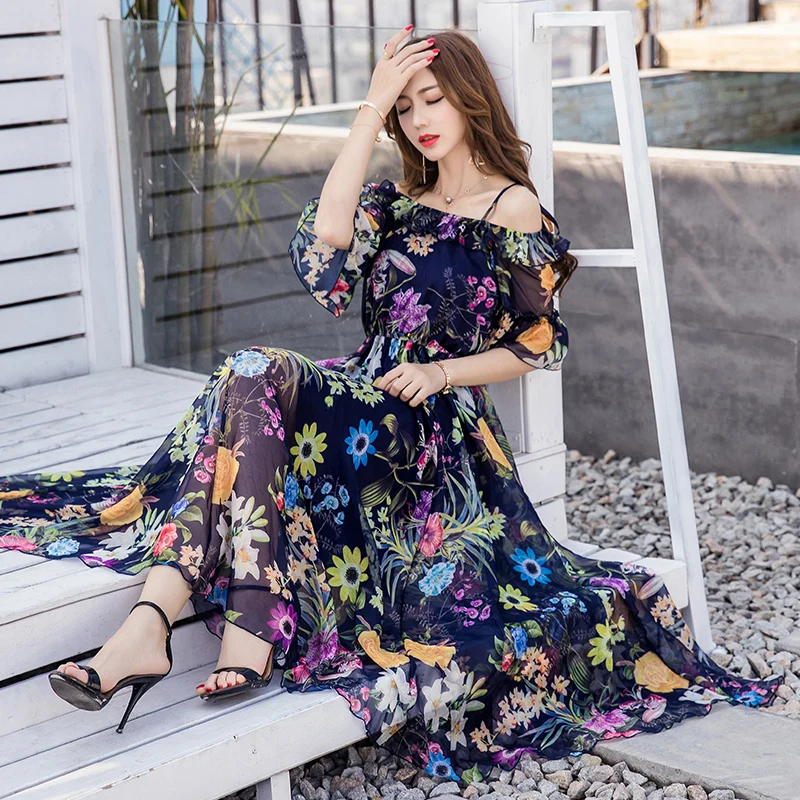 

Summer women Floral Print Chiffon long Dress Elegant Vestido slash neck cultivating Casual Bohemian sexy beach dress XXXXL18006