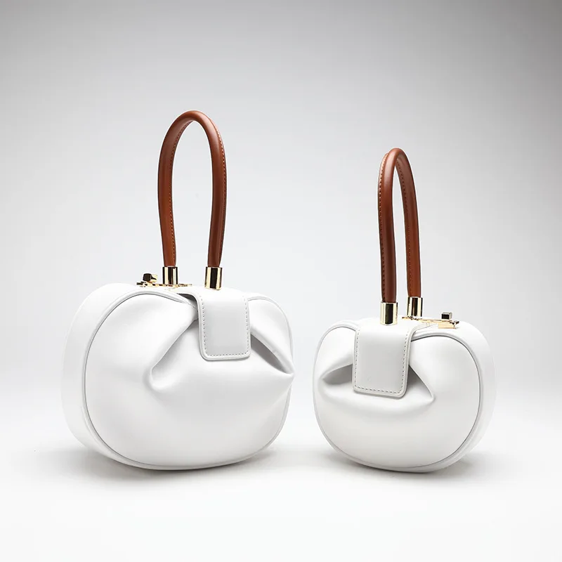 Elegant Genuine Cow Leather Women Round Dumpling Bag Small Clutch Purse Evening Wrist Bag Ladies Top-handle Handbag Classic Hobo - Цвет: white