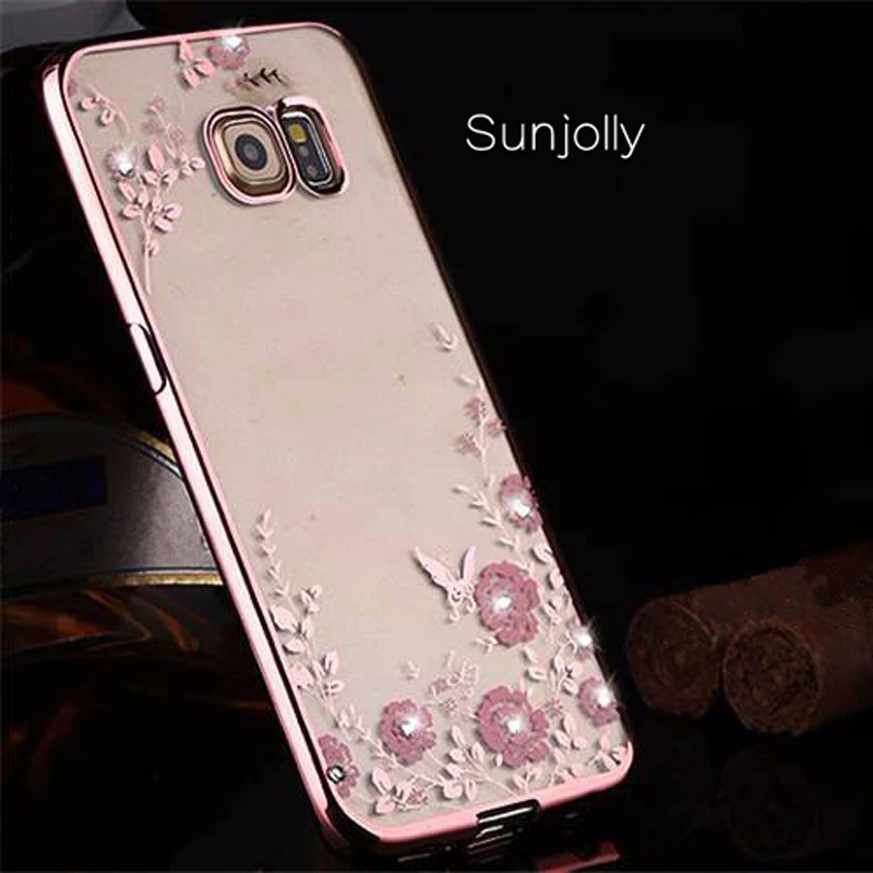 Sunjolly цветок Мягкий ТПУ чехол для телефона розовое золото Bling Rhinestone coque fundas Samsung Galaxy