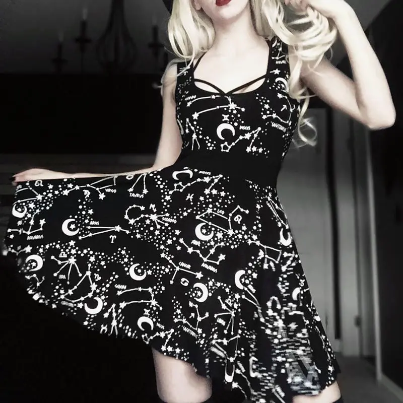 

Punk Style Gothic Dress Moon Print Women Summer Pleated Black Mini Dresses Gothic Clothing Swing Vestidos Party Club Wear