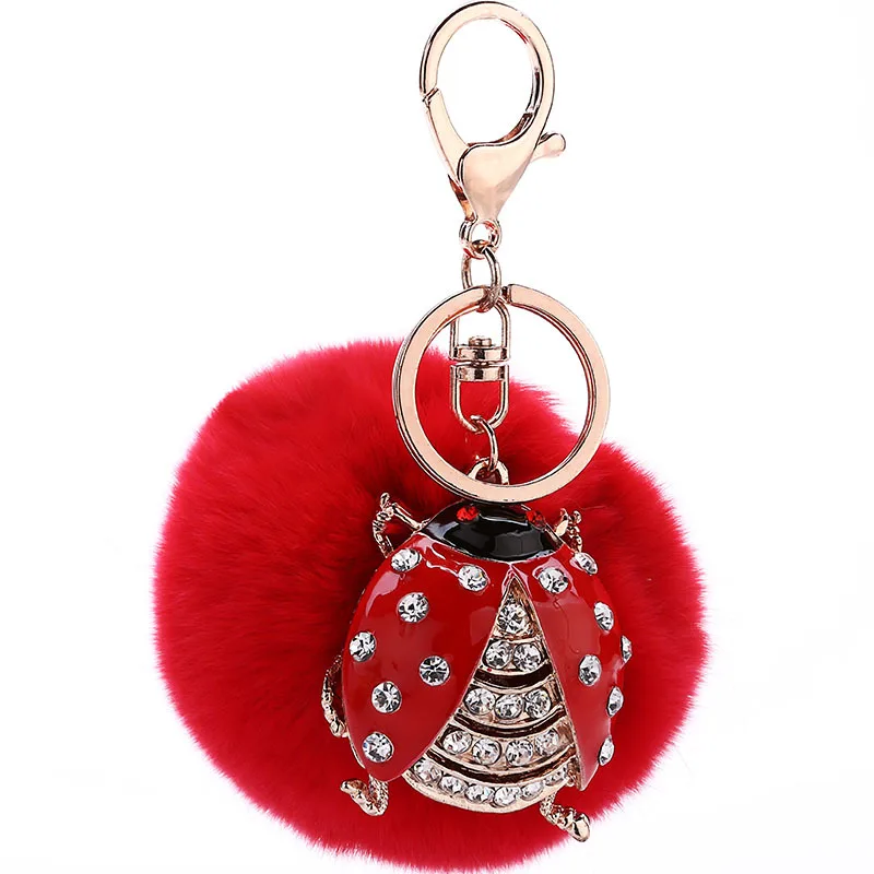 

2017 new trinket fake pompom keychain bunny keychains on bag rabbit fur Keychain fur pom pom charms for bags anime