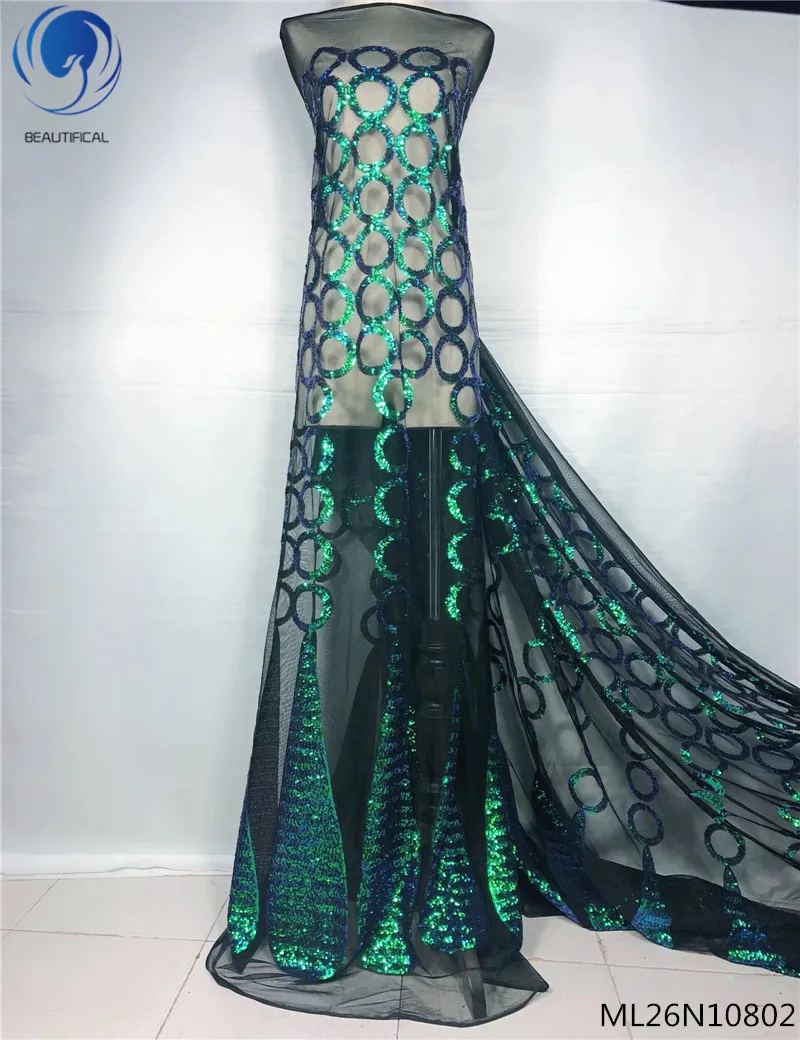 

Beautifical nigerian sequins laces fabrics african lace fabrics 2019 green shiny net laces dress for party 5yards/lot ML26N108