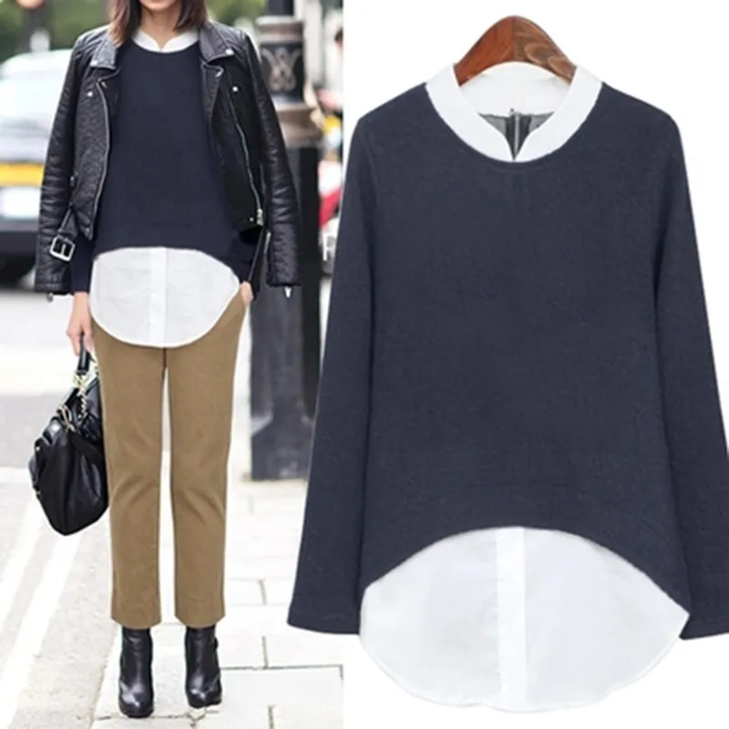 

2019 Winter Womens Office Lady Formal Party Long Sleeve Slim Blouses Casual Solid Patchwork Fake Two Pieces Shirt Plus Size Tops
