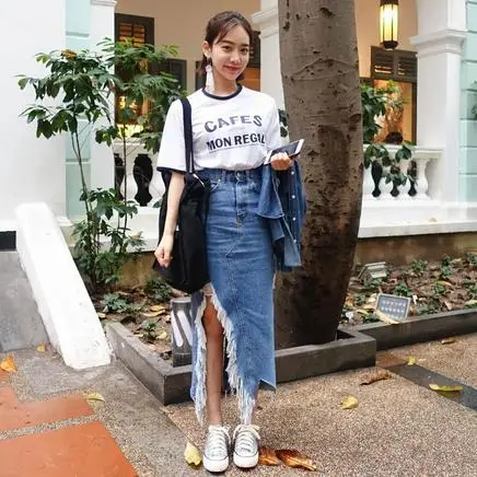 Women Split Front Hole Denim Skirt New Fashion Summer Long Pencil Skirt Women Blue Slit High Waist Casual Skirt AE625