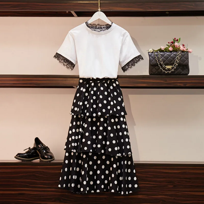 

High Quality Matching Sets Women Lace Patchwork T Shirt+Polka Dot Long Skirts Outfits Plus Size Ruffled Ladies 2 Pieces Suits