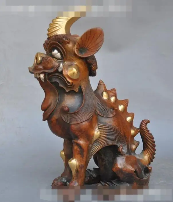 

S00521 Chinese fengshui Pure Bronze 24K Gold Gild Unicorn beast Foo Dog Lion Statue B0403