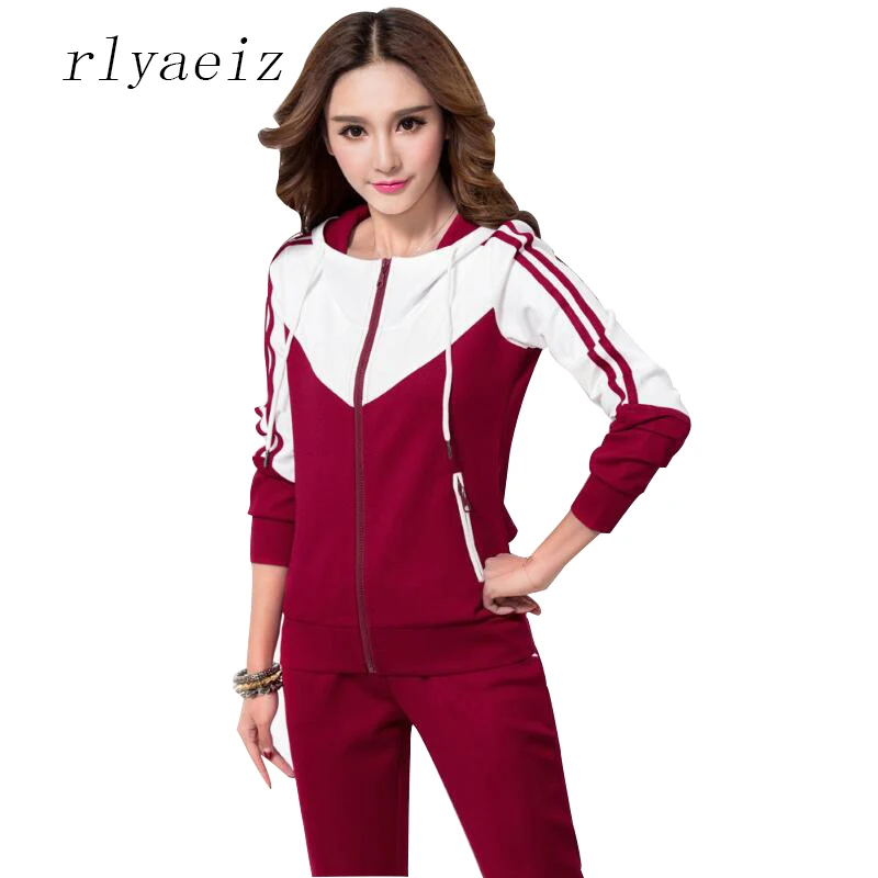 

RLYAEIZ Plus Size 5XL Casual 2 Piece Set Women Sporting Suits 2017 Hooded Hoodies + Pants Sets Female Patchwork Color Tracksuits