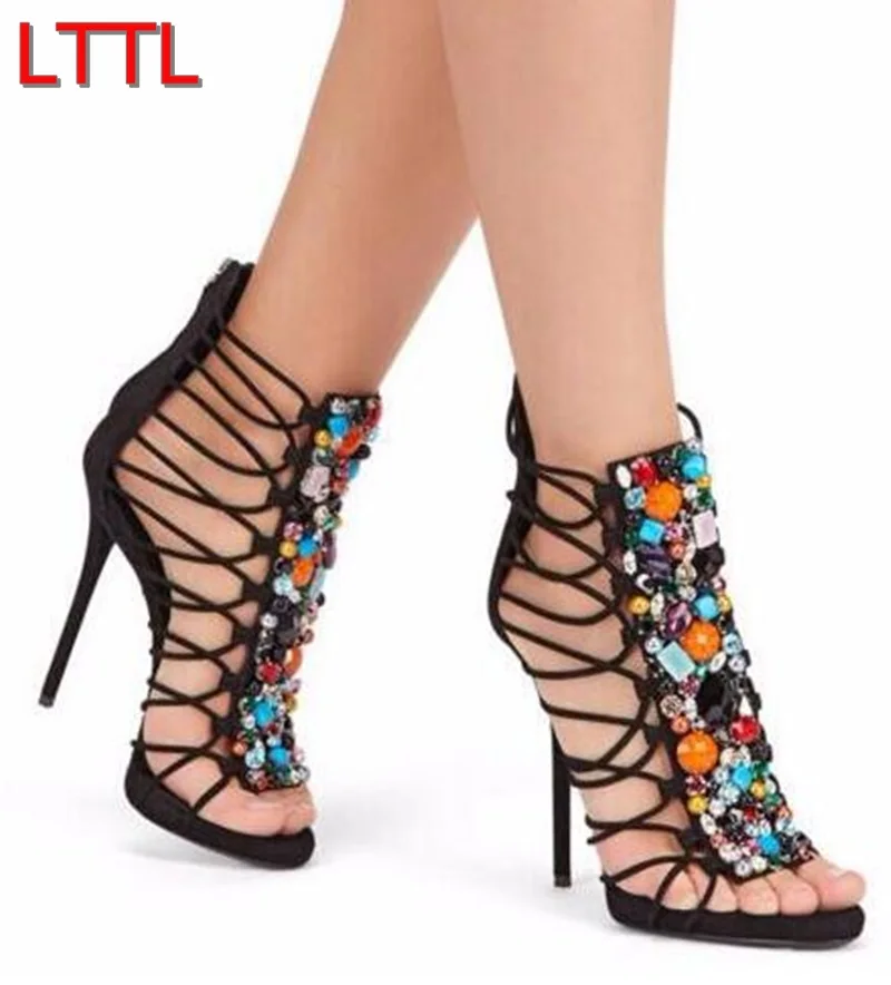 

2017 Black Suede Sandals Thin High Heels Summer Party Dress Shoes Cut-out Rhinestone Sandal Women String Beading shoes