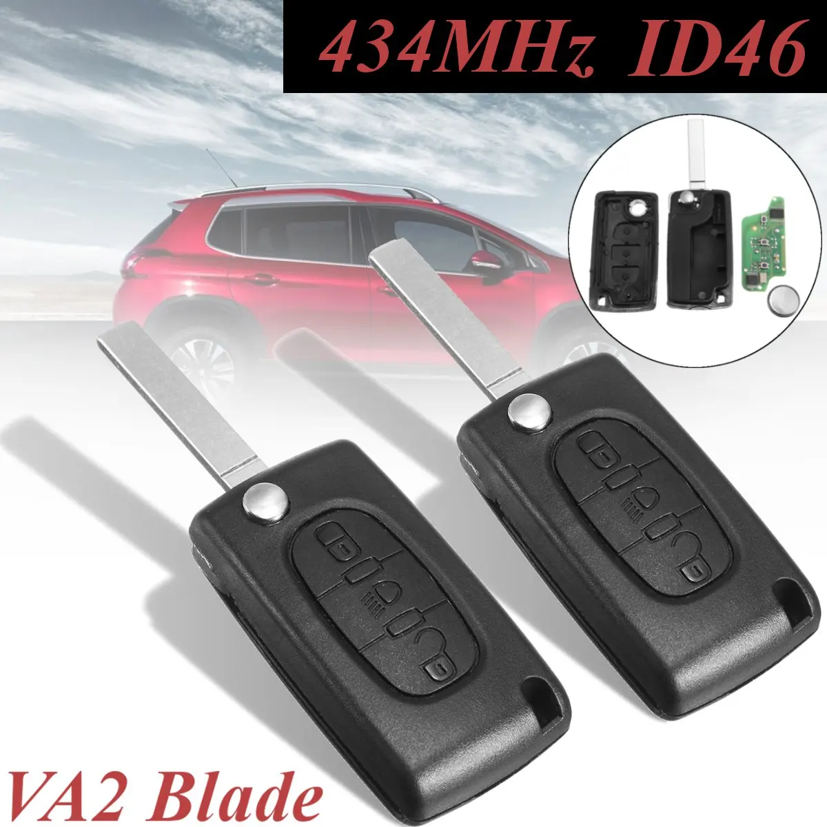

2Pcs 434MHz Black 3 Buttons Lock Low Beam Unlock VA2 Blade CR1620 Remote Key w/ ID46 Chip For Peugeot/Citroen Berlingo