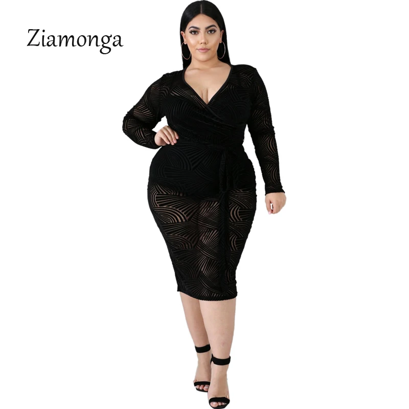 Ziamonga Plus Size XXXL 4XL Long Sleeve Sexy Lace Dress Women Bodycon