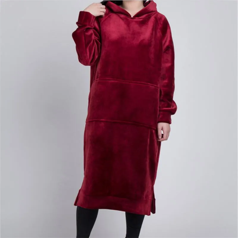 

2019 Women fashion velour tracksuit winter warm long hoodie dress ladies velvet streetwear thicken fleece pink hoody sweatshirt
