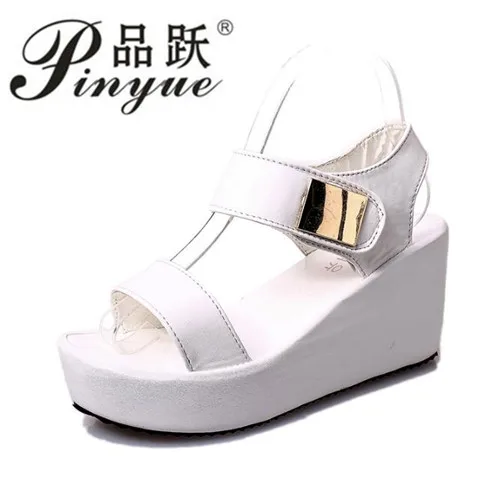 

Summer Women Sandals platform heel Leather hook loop metal Soft comfortable Wedge shoes ladies casual sandals white black