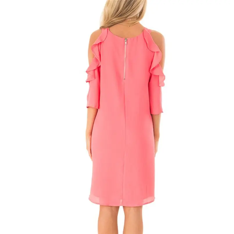 New Women Summer Ladies Strapless Shoulder Ruffle Sleeve Pure Color Summer Dress Elegant Mini Fashion Casual Vestidos #4A30 (19) - 