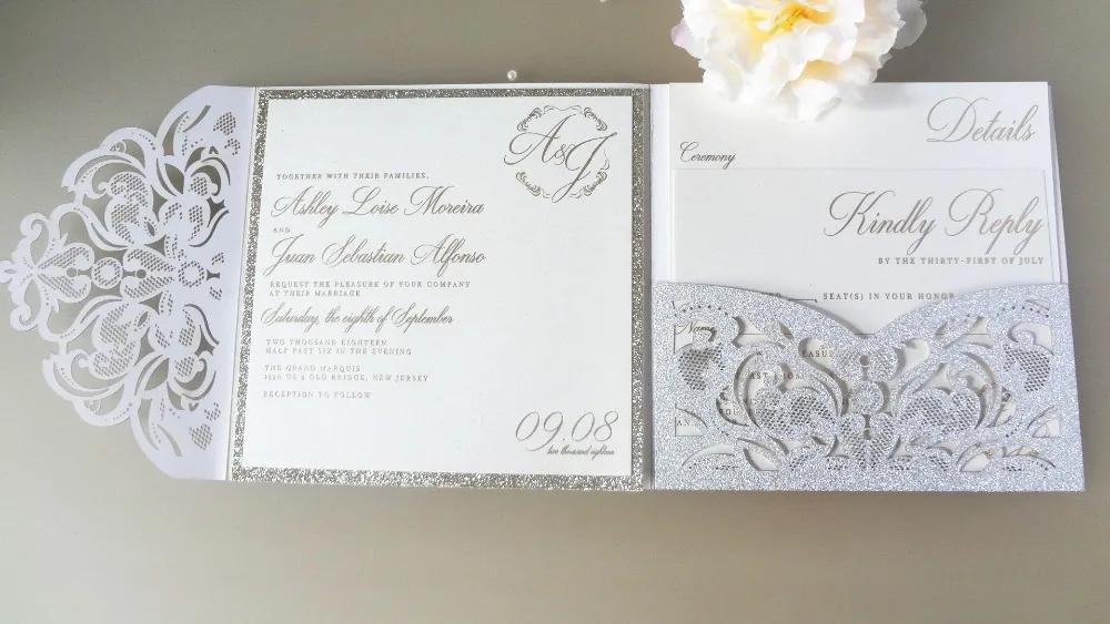 Laser Cut Wedding Invitations with Envelopes 25pcs 3 Folds 4.7*7 inch Silve... 