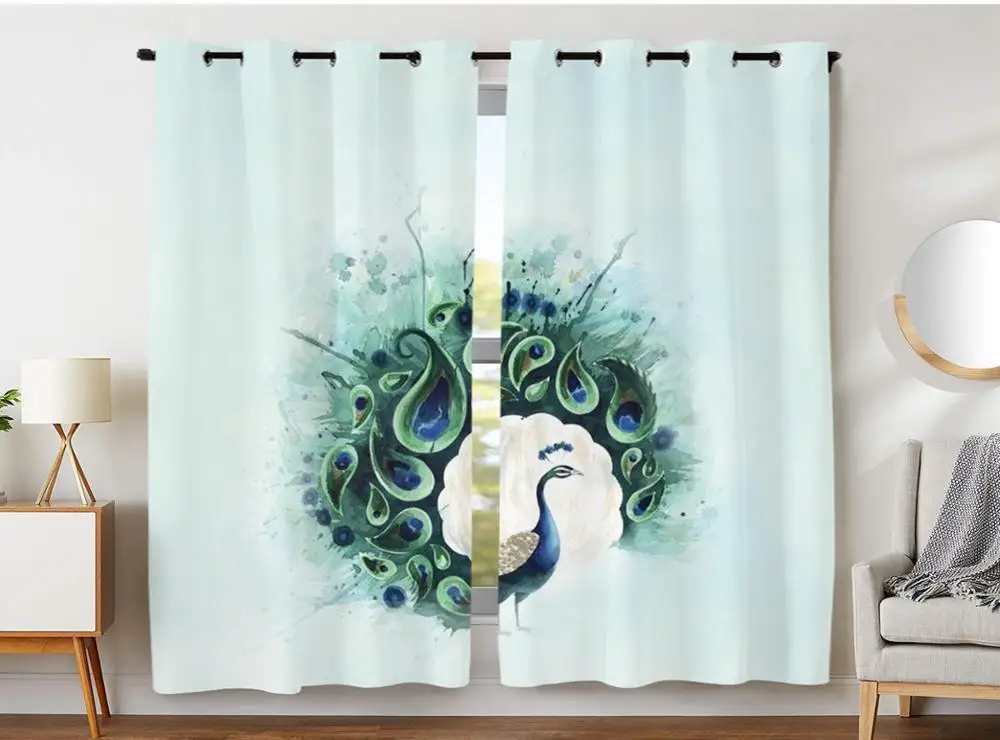 

Blackout Curtains Darkening 2 Panels Grommet Window Curtain for Bedroom Watercolor Peacock Feather Pattern Birds Beautiful Blue