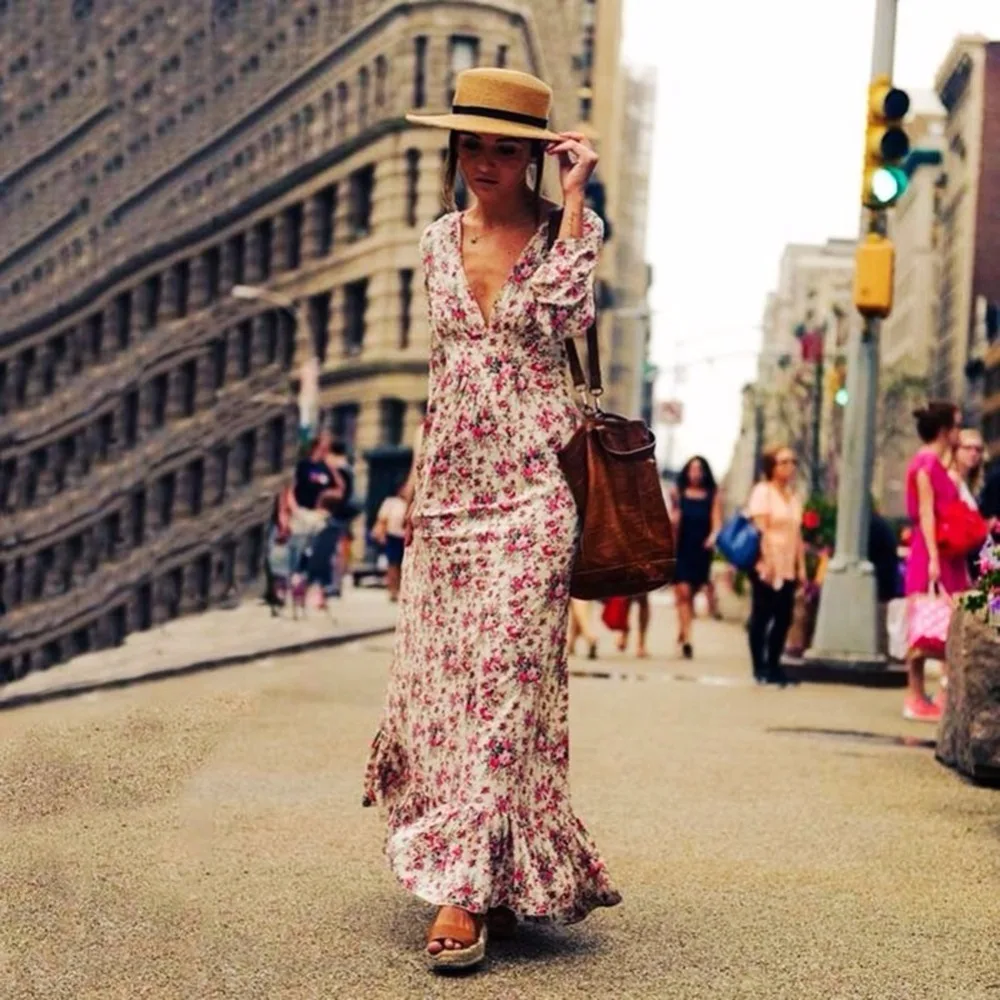 

EFINNY Fashion Summer Long Sleeve V-Neck High Waist Dress Floral Printed Loose Bohe Beach Dresses