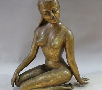 

10"Tibet Minority Purple Bronze carving Nude Art Women Bell Statue