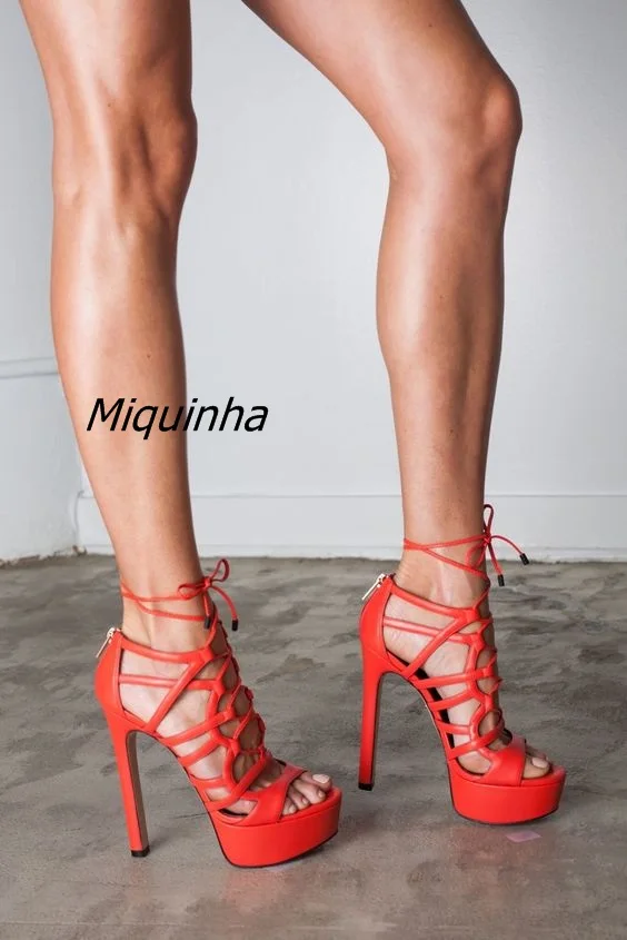 Fashion Cut-out Open Toe Stiletto Heel Sandals Pretty Orange PU Leather Lace Up Platform Sandals Women Delicate Dress Shoes Fashion Cut-out Open Toe Stiletto Heel Sandals Pretty Orange PU Leather Lace Up Platform Sandals Women Delicate Dress Shoes