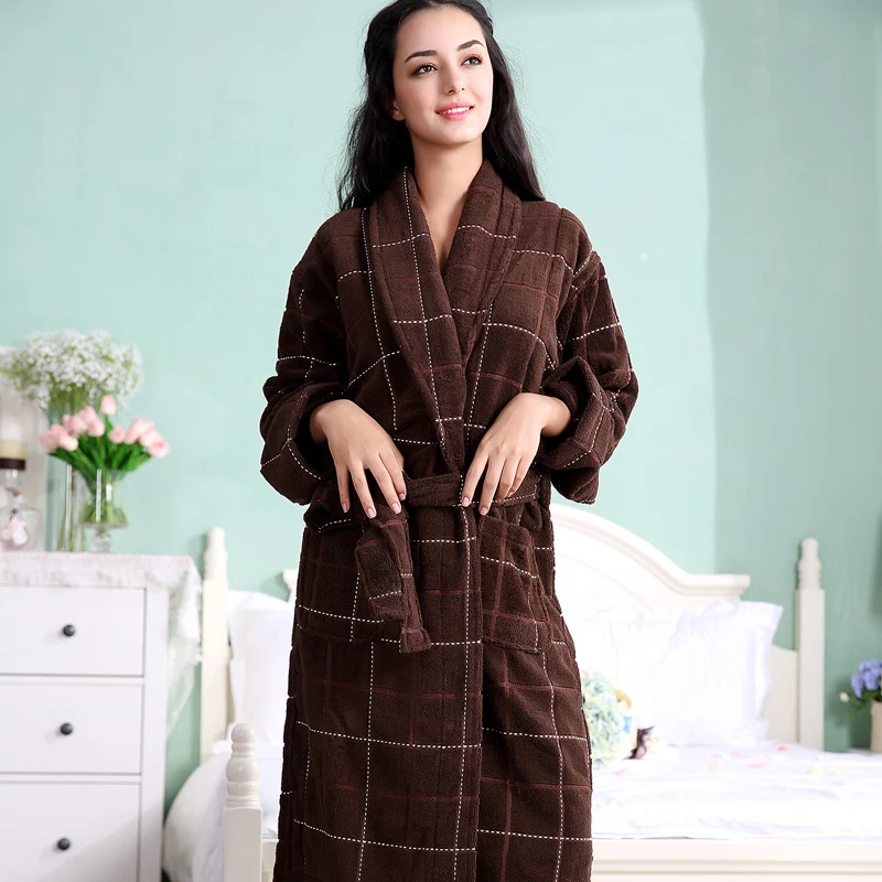 Brown Color Women Cotton Robe, long warm women terry cotton robein