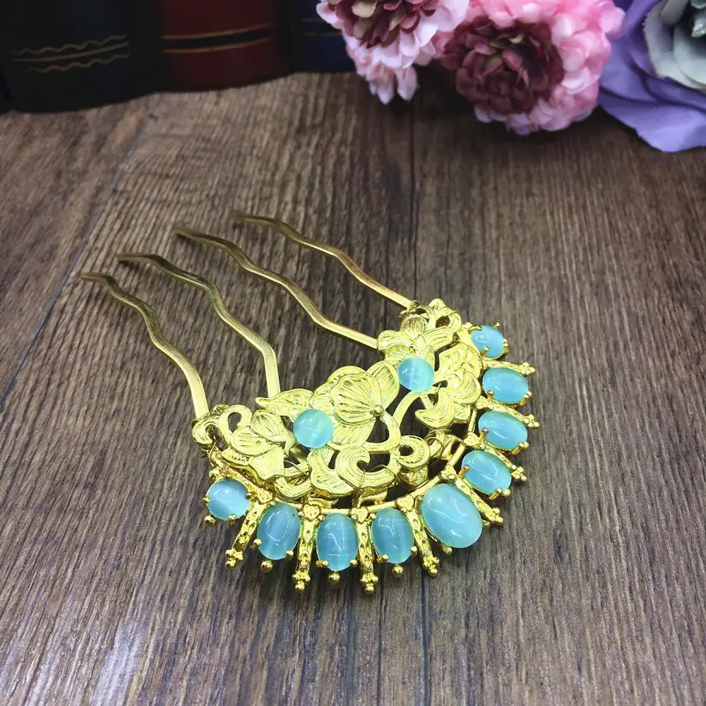 

Copper Cat's Eye Hair Comb Blue Stone Bridal Headpiece Combs Hair Jewelry Wedding Hair Accessories Bijoux Cheveux WIGO1278