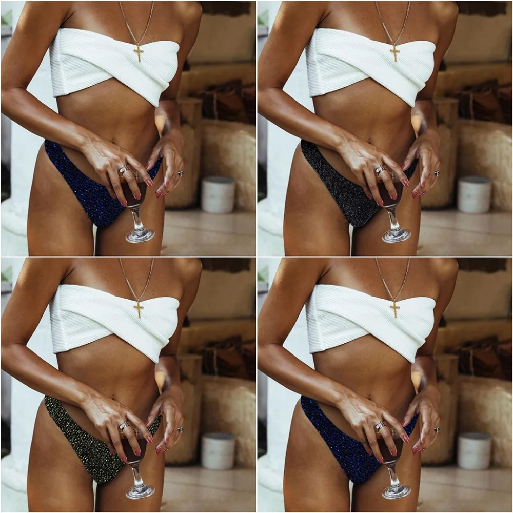 

Womens Sexy Two Piece Bikini Set Off The Shoulder Strapless Irregular Cross Wrap Front Bandeau Glitter Metallic Thong Color