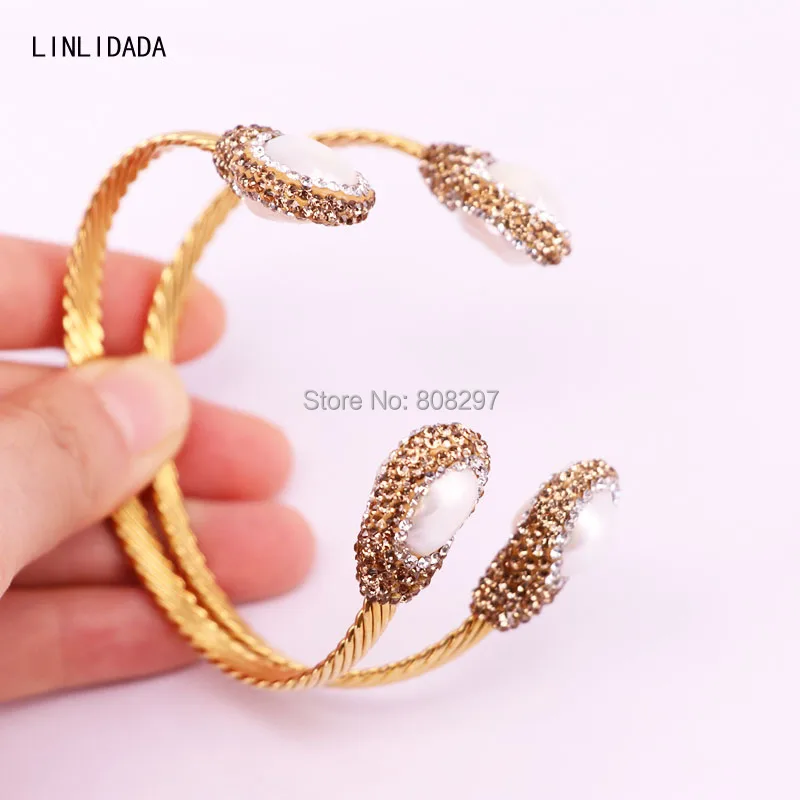 

4Pcs Golden Rhinestone Paved Pearl Beads Gold Metal Cuff Bangle Bracelets Handmade Fashion Bangles Women Jewelry