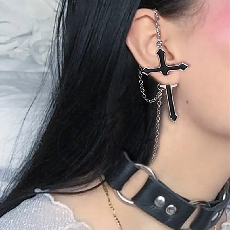 

1PC Punk Black Big Cross Tassel Stud Earrings Women Personality Rock Exaggerated Silver Color Long Chain Earrings Jewelry E182