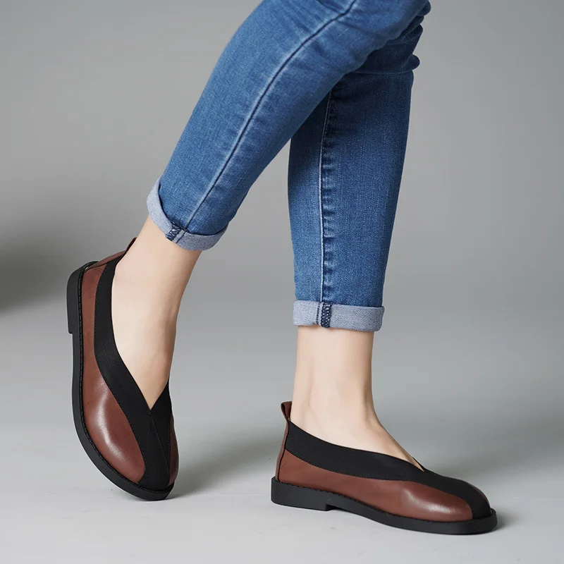 

2019 VALLU Spring Shoes Women Flats Round Toe Mixed Color Genuine Leather Lady Loafers Handmade Retro Female Flat Shoes
