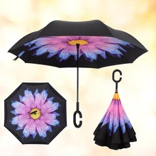 Drop Shipping Reverse Folding Double Layer Inverted Umbrella Rain Protection C-Hook Shape Hands Parapluie Windproof Paraguas TY