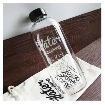 

600ml 1000ml Letter Pattern Water Bottle Plastic or Glass Large Capacity Water Kettle for Worker Students with Rope