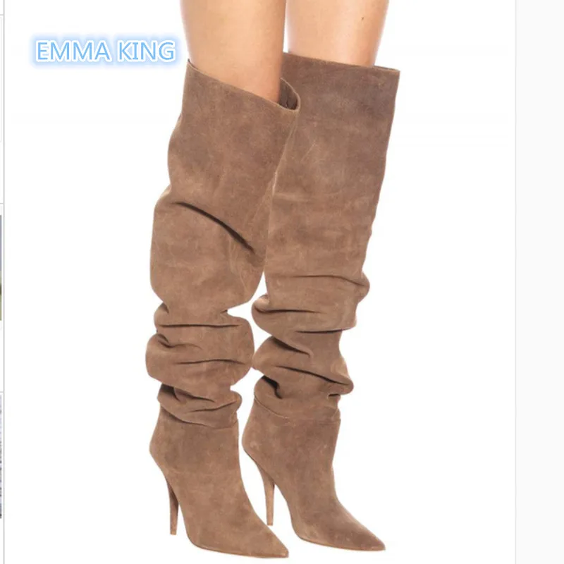 

Brown Suede High Heels Thigh High Boots Women Over The Knee Stiletto Heels Fashion Ladies Pleated Pointed Toe Sexy Botas Mujer