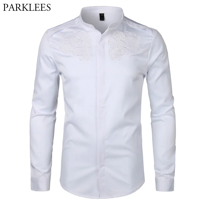 Paisley Floral Embroidery White Shirt Men Slim Fit Long Sleeve Dress ...